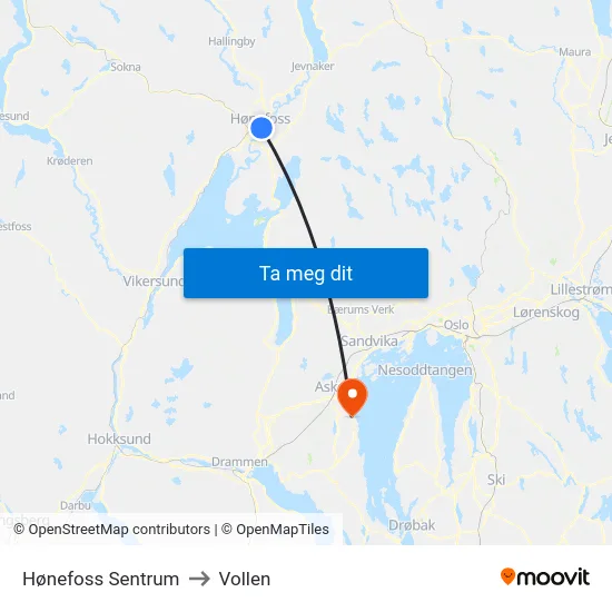 Hønefoss Sentrum to Vollen map