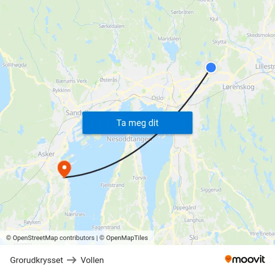 Grorudkrysset to Vollen map