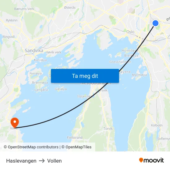 Haslevangen to Vollen map