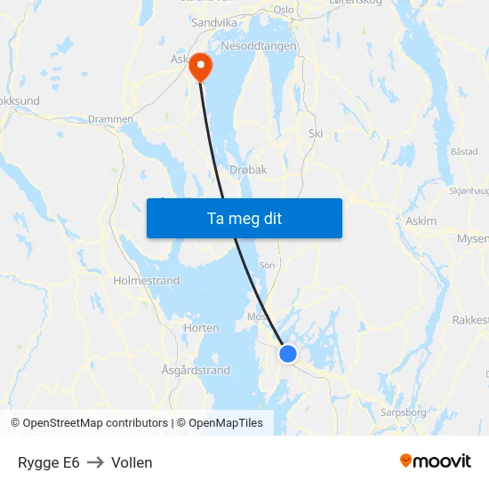 Rygge E6 to Vollen map