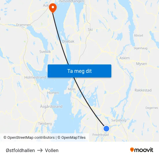 Østfoldhallen to Vollen map
