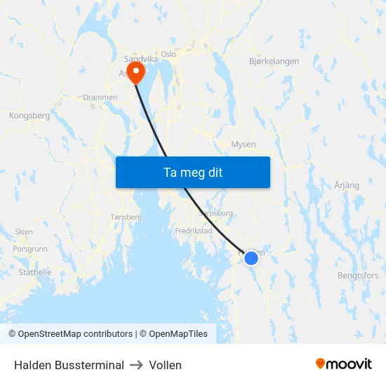 Halden Bussterminal to Vollen map