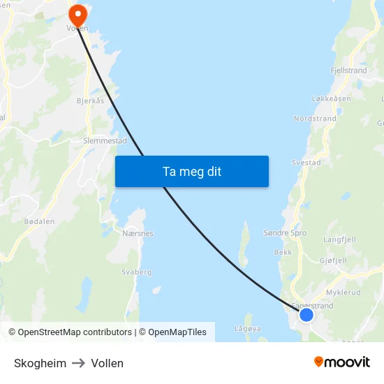 Skogheim to Vollen map