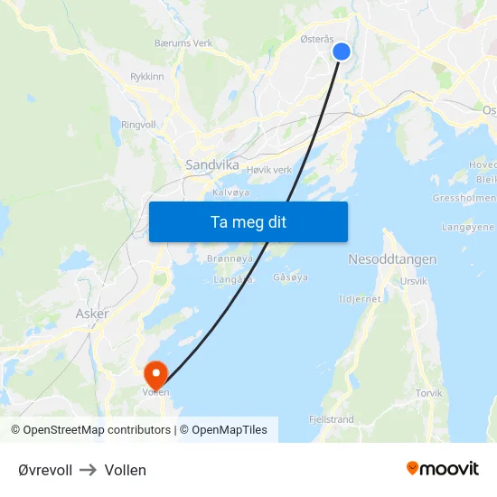 Øvrevoll to Vollen map