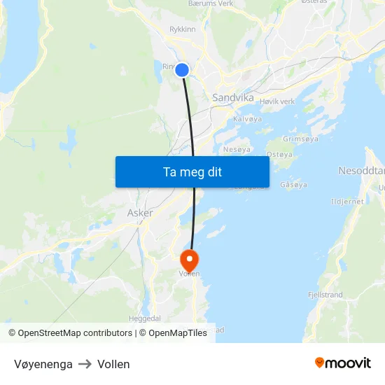 Vøyenenga to Vollen map