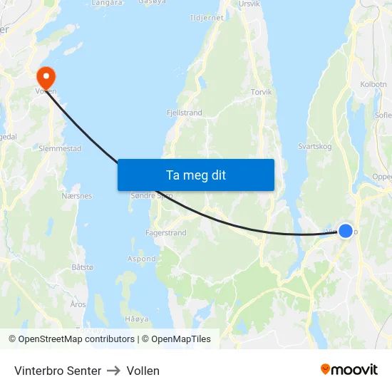 Vinterbro Senter to Vollen map