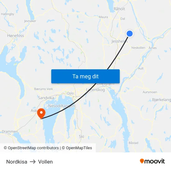 Nordkisa to Vollen map