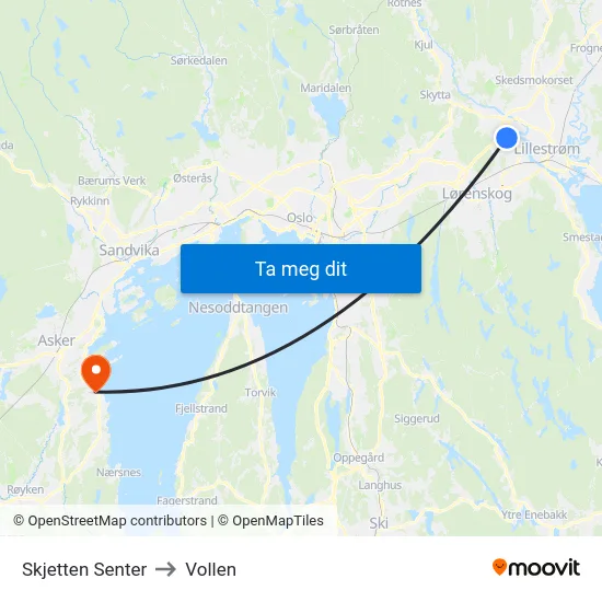 Skjetten Senter to Vollen map