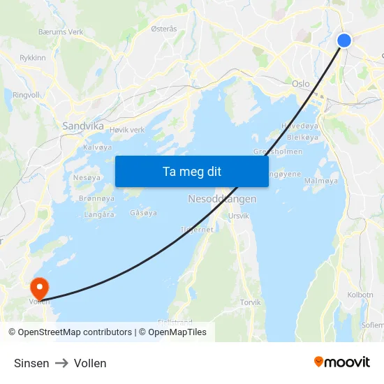 Sinsen to Vollen map