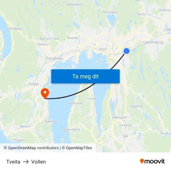 Tveita to Vollen map