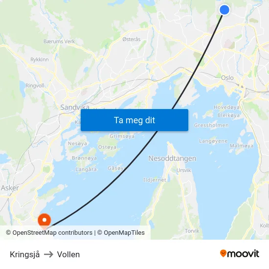 Kringsjå to Vollen map
