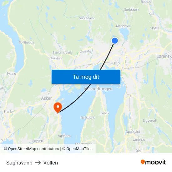 Sognsvann to Vollen map