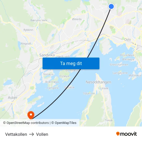 Vettakollen to Vollen map