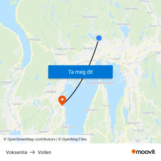 Voksenlia to Vollen map