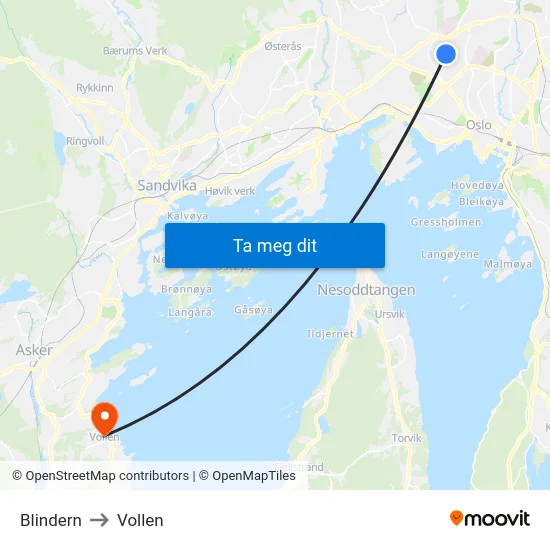 Blindern to Vollen map