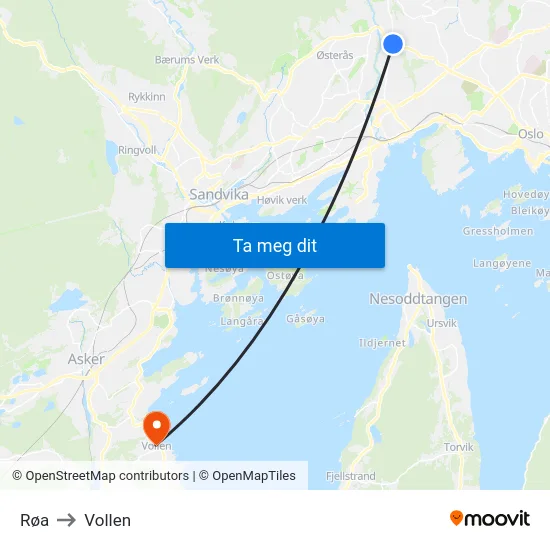 Røa to Vollen map