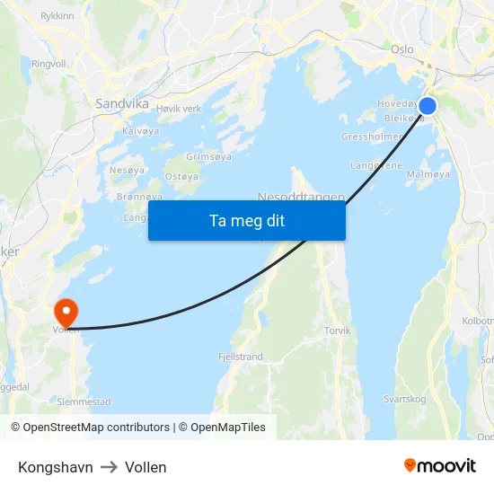 Kongshavn to Vollen map