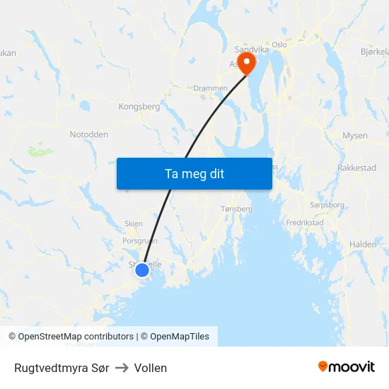 Rugtvedtmyra Sør to Vollen map