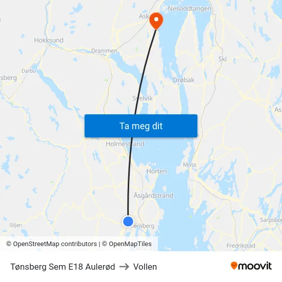 Tønsberg Sem E18 Aulerød to Vollen map