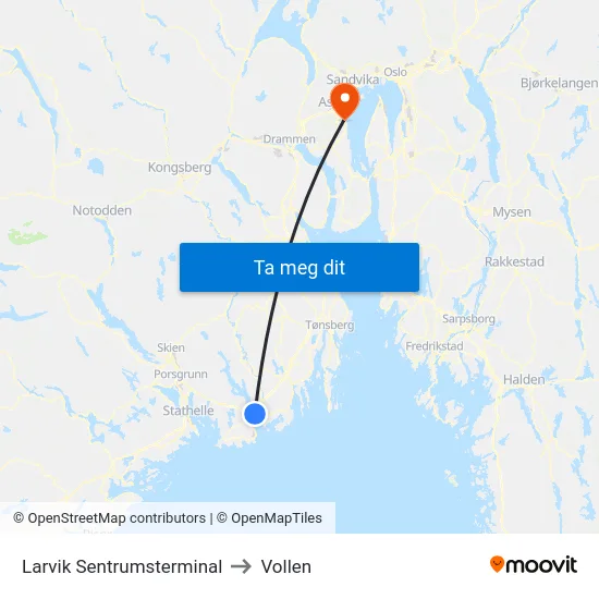 Larvik Sentrumsterminal to Vollen map
