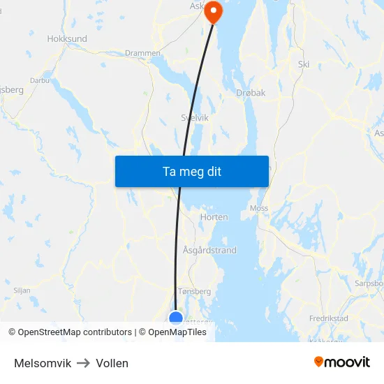 Melsomvik to Vollen map