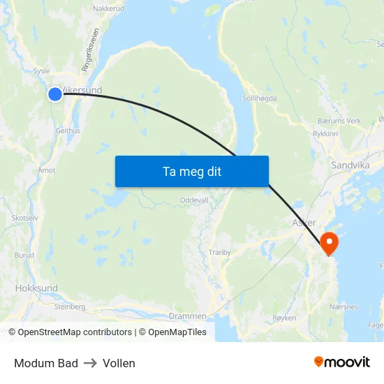 Modum Bad to Vollen map