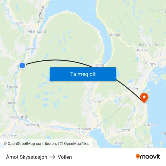 Åmot Skysstasjon to Vollen map
