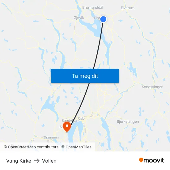 Vang Kirke to Vollen map
