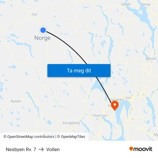 Nesbyen Rv. 7 to Vollen map