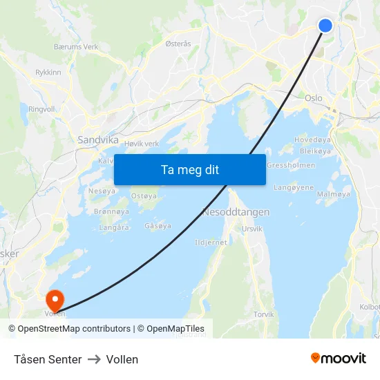 Tåsen Senter to Vollen map