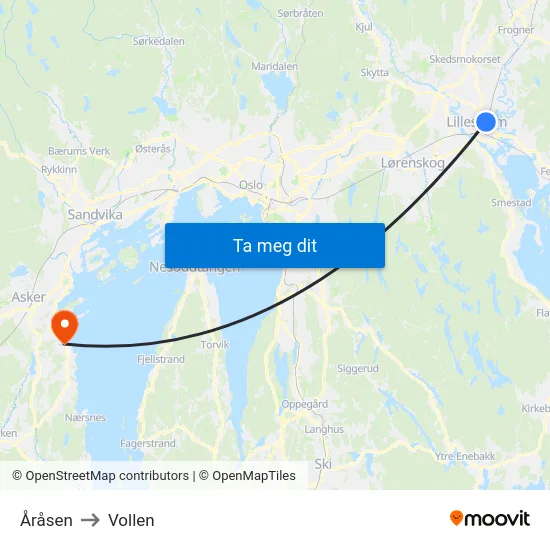 Åråsen to Vollen map