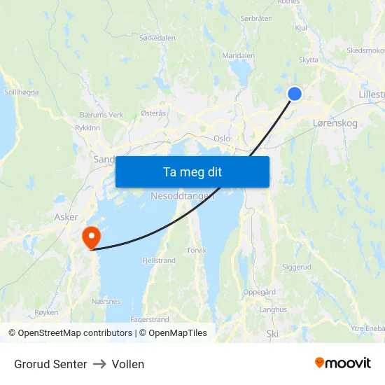 Grorud Senter to Vollen map
