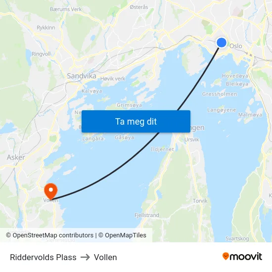 Riddervolds Plass to Vollen map