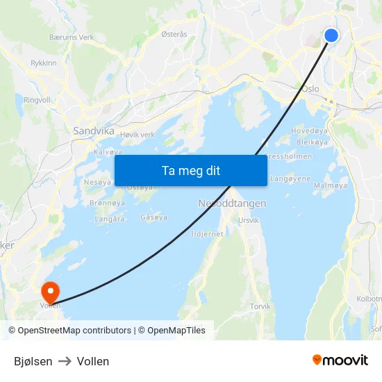 Bjølsen to Vollen map