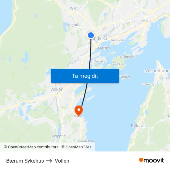 Bærum Sykehus to Vollen map