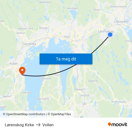 Lørenskog Kirke to Vollen map