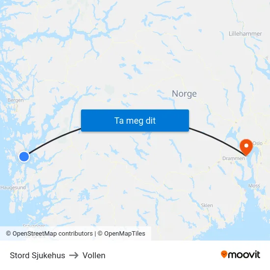 Stord Sjukehus to Vollen map