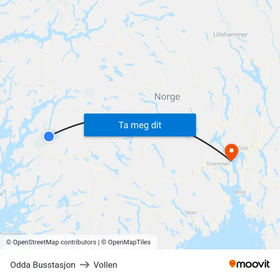 Odda Busstasjon to Vollen map