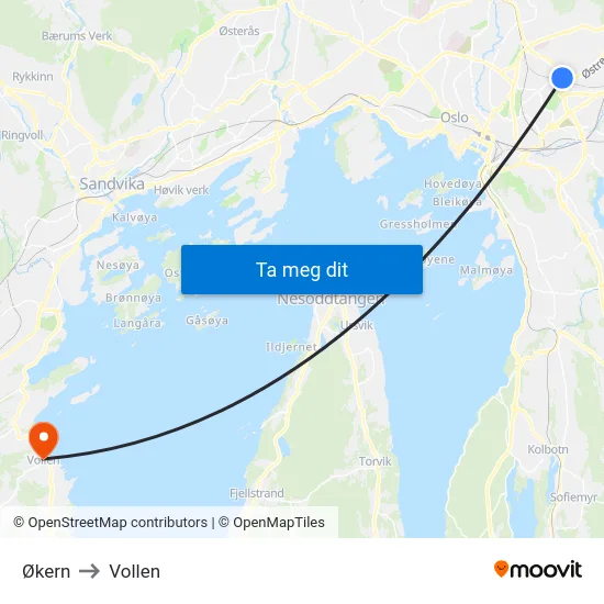 Økern to Vollen map