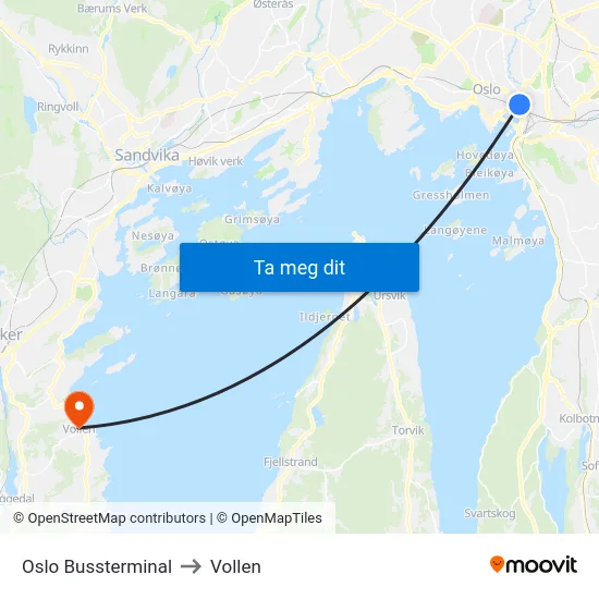 Oslo Bussterminal to Vollen map