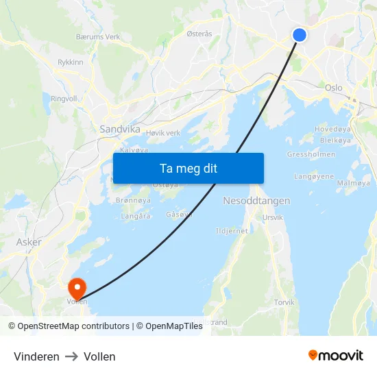 Vinderen to Vollen map