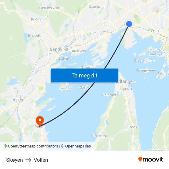 Skøyen to Vollen map
