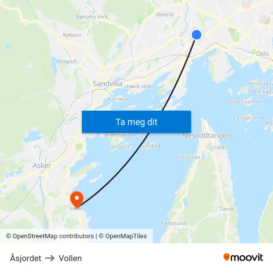 Åsjordet to Vollen map