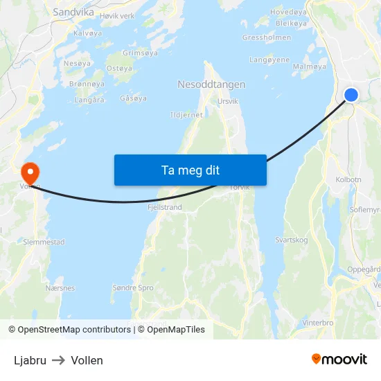 Ljabru to Vollen map