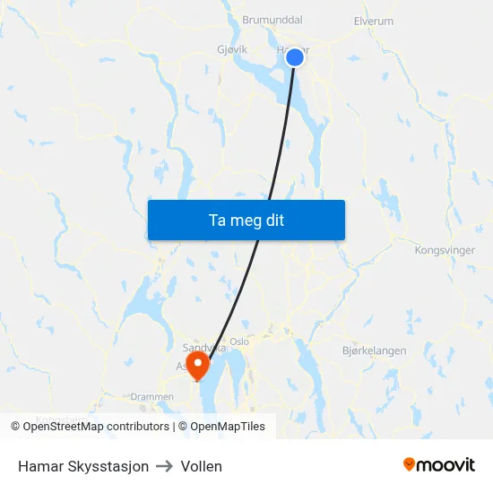 Hamar Skysstasjon to Vollen map