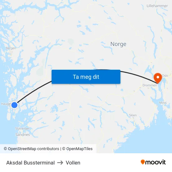 Aksdal Bussterminal to Vollen map