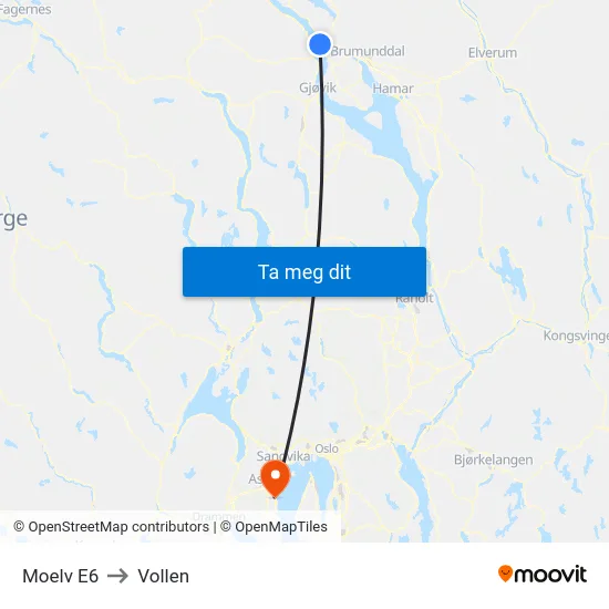 Moelv E6 to Vollen map