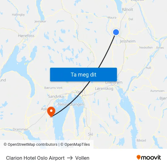 Clarion Hotel Oslo Airport to Vollen map