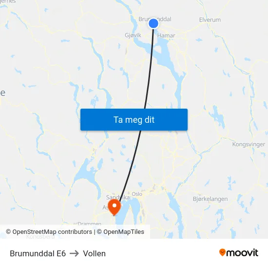 Brumunddal E6 to Vollen map