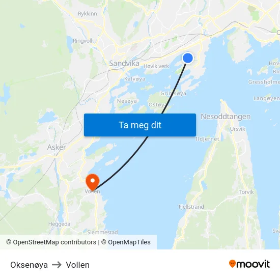 Oksenøya to Vollen map